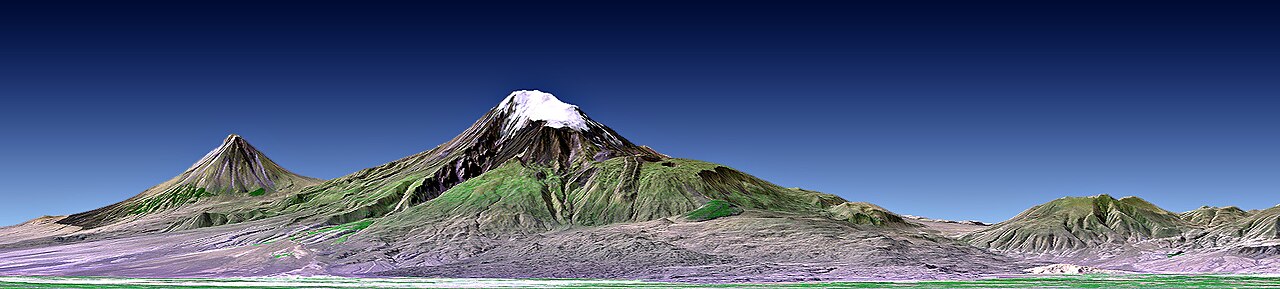 De beide pieken van Ararat weergegeven in een driedimensionaal model van de regio, gezien vanuit het noorden.